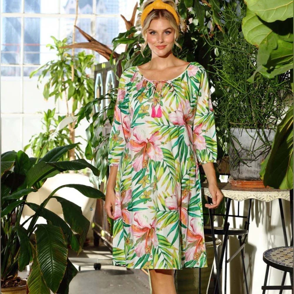 Kikisol Maui Dress with Tassels Multi Green Pink Tropical Size Medium Cotton NWT